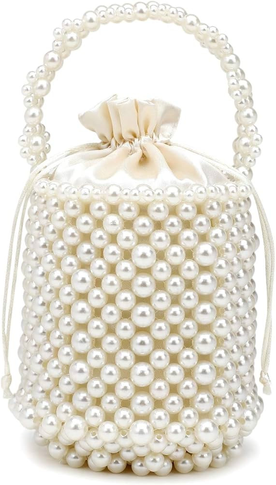 DJBM Women Handmade Beaded Handbag Bucket Handbag Pearl Clutch Bag for Party Wedding | Amazon (US)