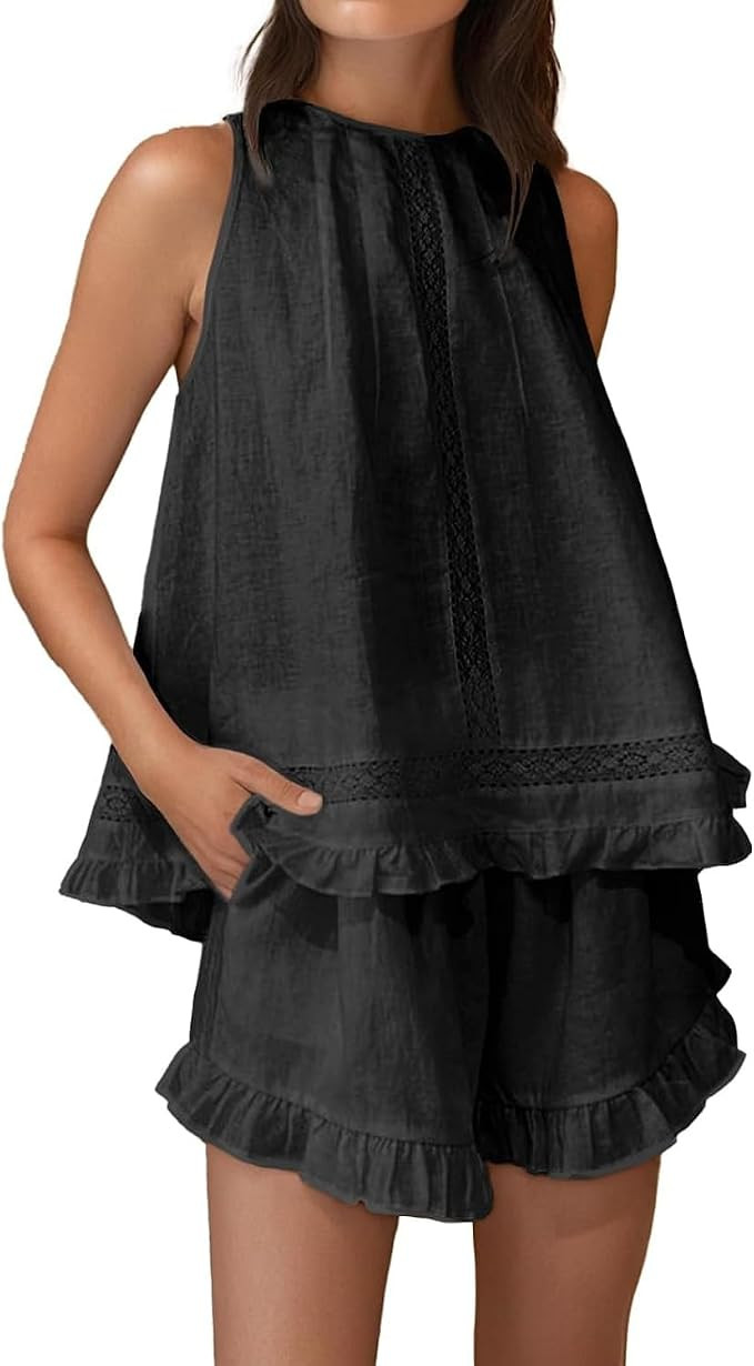 Mxiqqpltky Linen Pajamas Women Set Sleeveless Lace Trim Tank Top and Boxer Shorts Y2k Ruffle Matc... | Amazon (US)