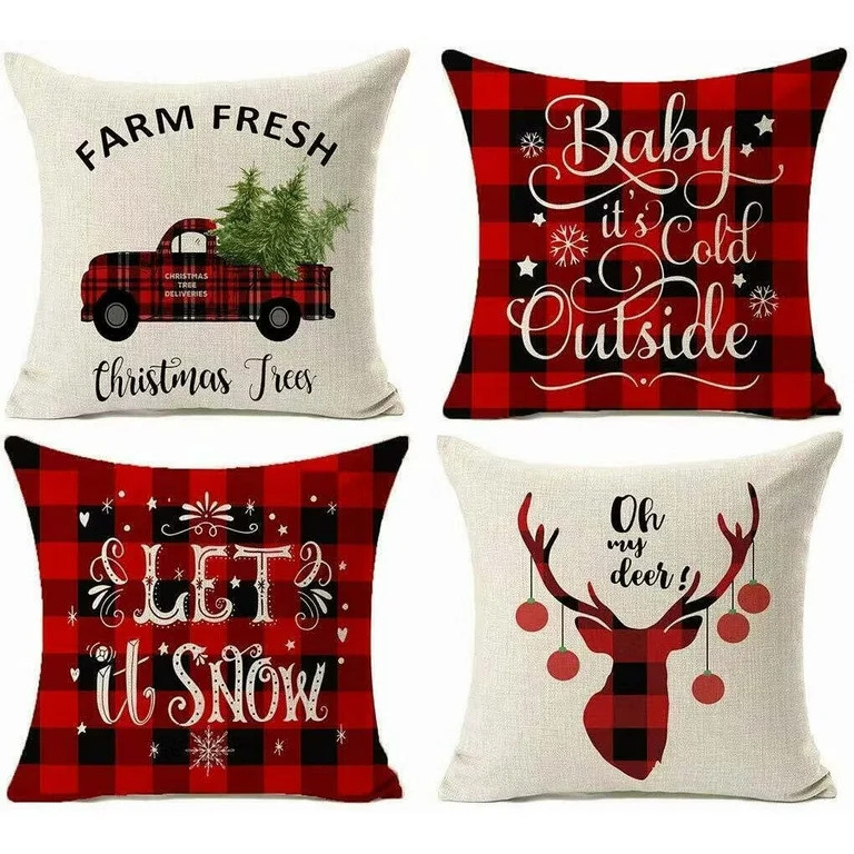 Coolmade Set of 4 Christmas Decorations Buffalo Plaid Farmhouse Decor Throw Retro Truck Home Deco... | Walmart (US)