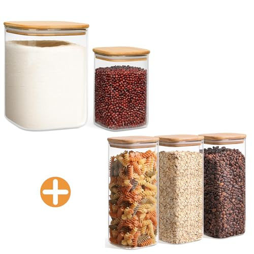 ComSaf 111/37 oz&61oz Set of 5 Glass Storage Containers with Lids, Glass Jars with Bamboo Lids, Clear Food Storage Jar, Round Glass Canister, Pantry Organizers and Storage for Pasta Flour Coffee Bean | Amazon (US)