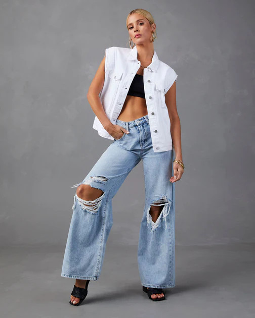 Serai Pocketed Denim Vest - White | VICI