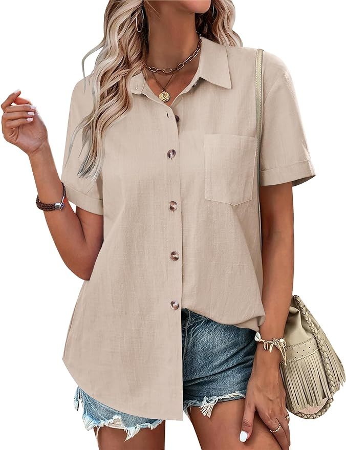 Zeagoo Womens Button Down Shirts Color Block Short Sleeve Cotton Linen Summer Causal Blouses Tops | Amazon (US)