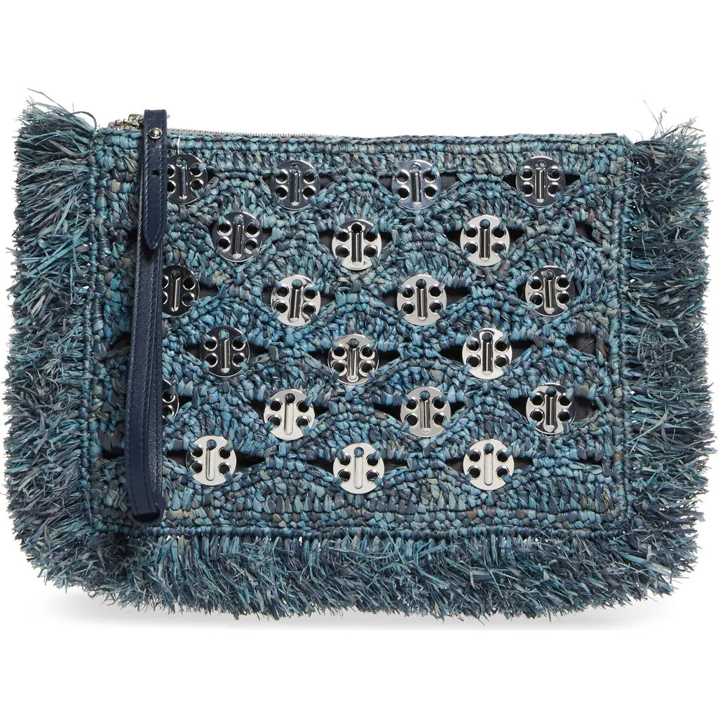 Rabanne Iconic 1969 Raffia Pouch Bag in Blue Denim Silver at Nordstrom | Nordstrom