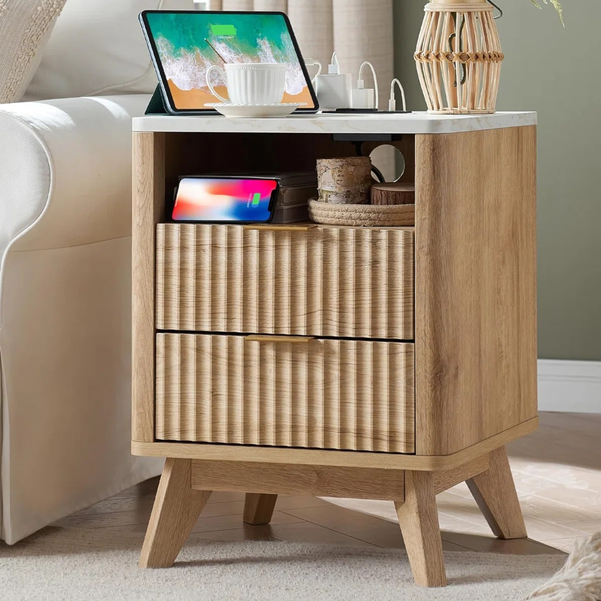 Hardester Vintage 2 - Drawer Nightstand with Charging Station, Bedside Table with Open Shelf | Wayfair North America