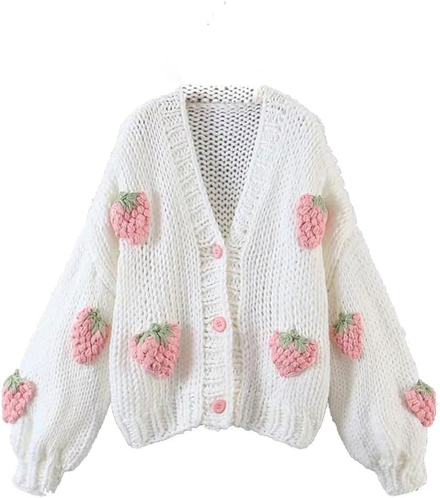 Women's Strawberry Print Flower Pattern V-Neck Cable Knit Long Sleeve Button Down Loose Cardigan ... | Amazon (US)