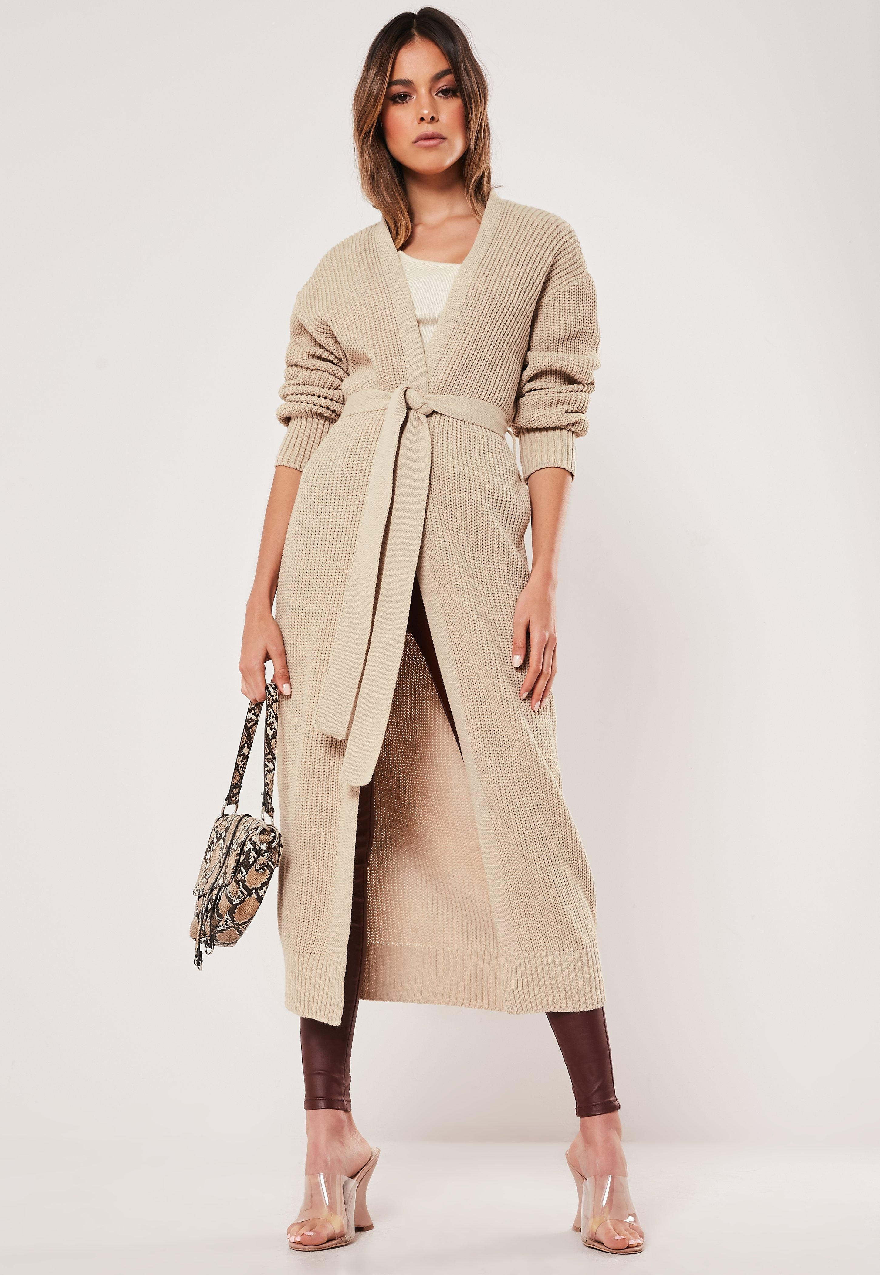 Sand Belted Maxi Knit Cardigan | Missguided (US & CA)