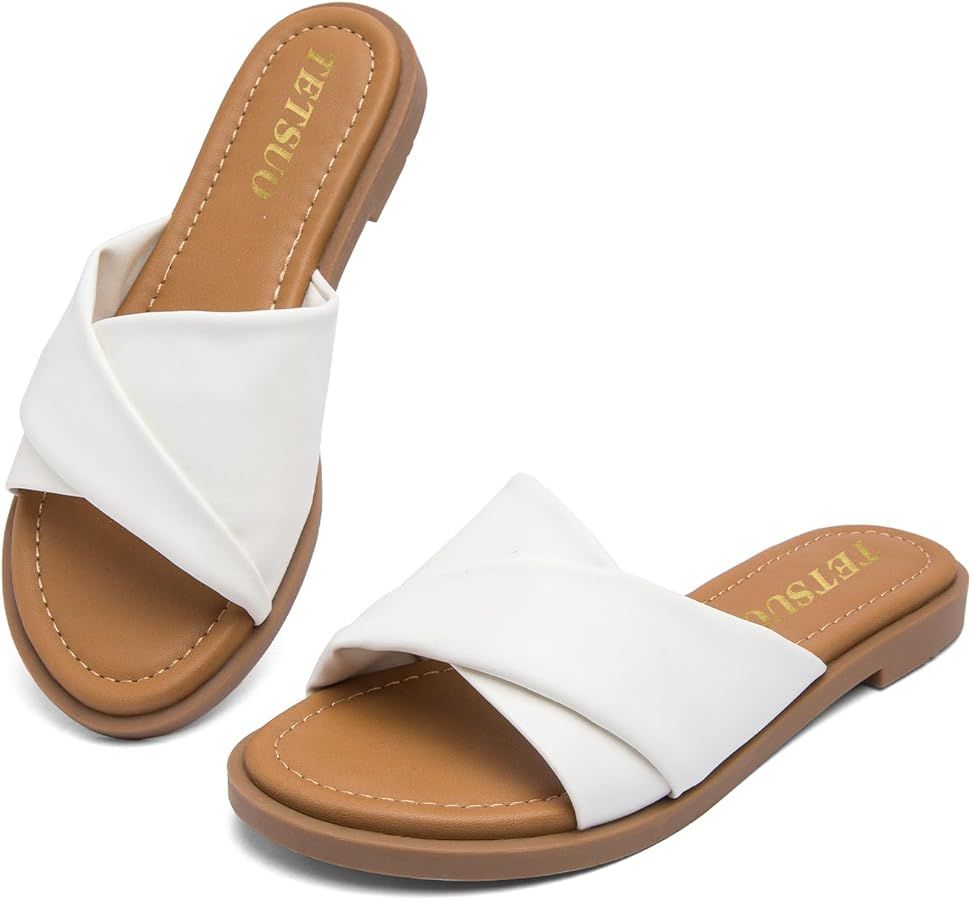 Womens Flat Sandals Open Toe Slip On Slides with Strap Slippers for Summer Slide Sandals | Amazon (CA)
