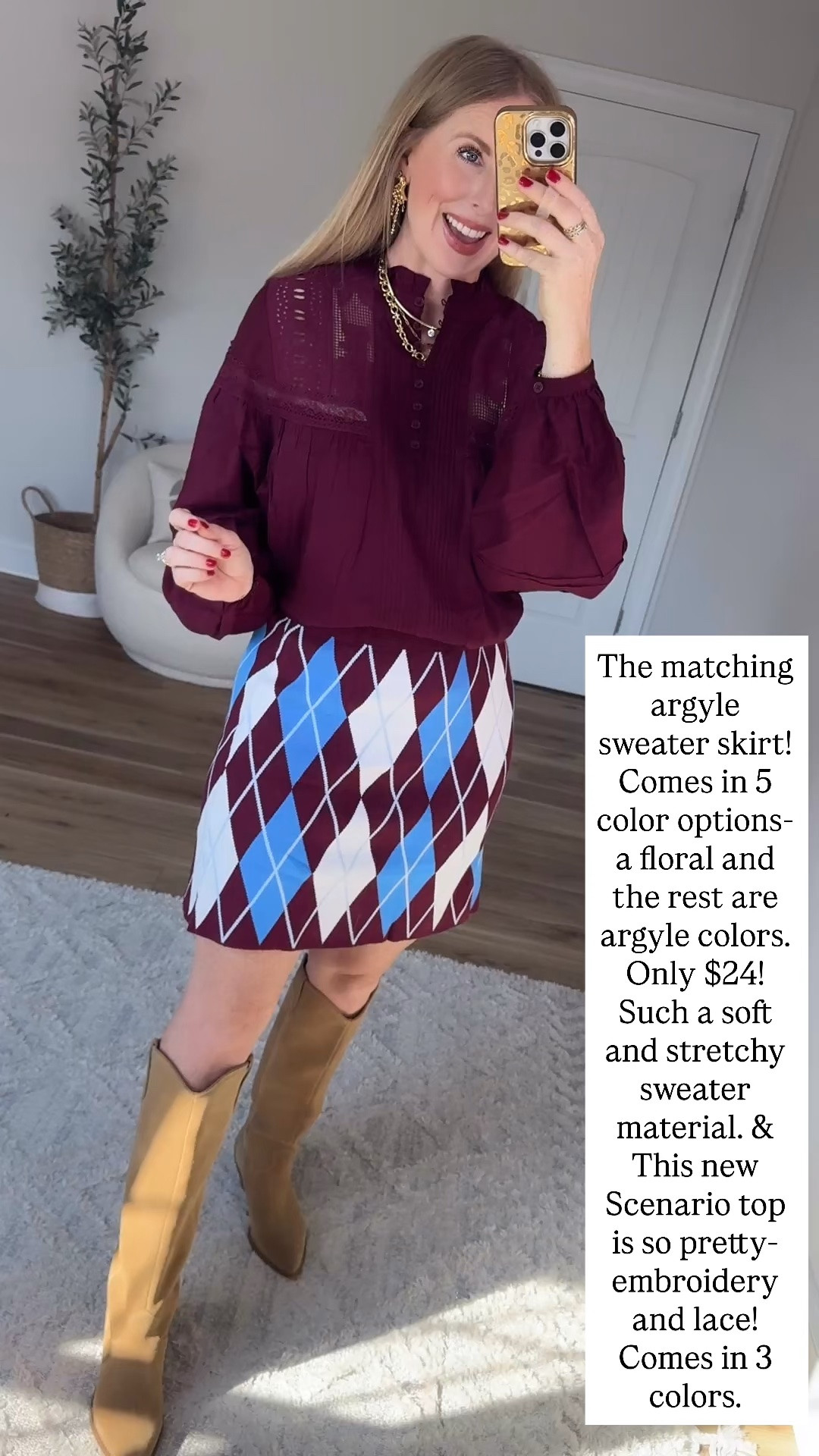 Cute maroon top and argyle sweater skirt from Walmart