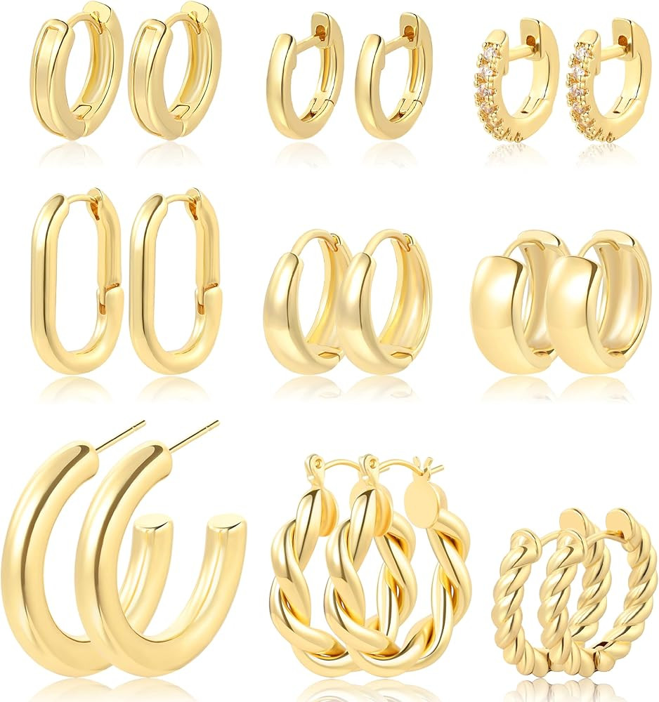 9 Pairs 14K Gold Plated Hoop Earrings for Women | Hypoallergenic Chunky Huggie Gold Earrings Set ... | Amazon (US)