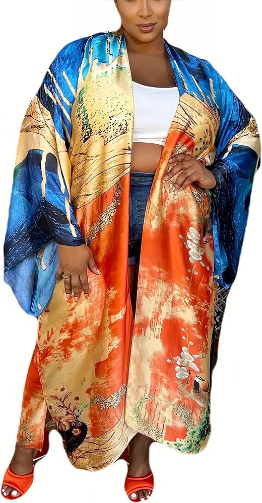 Kimono Cardigan for Women Long Boho Satin Kimono Robes Plus Size Open Front Beach Swimsuit Cover ... | Amazon (US)