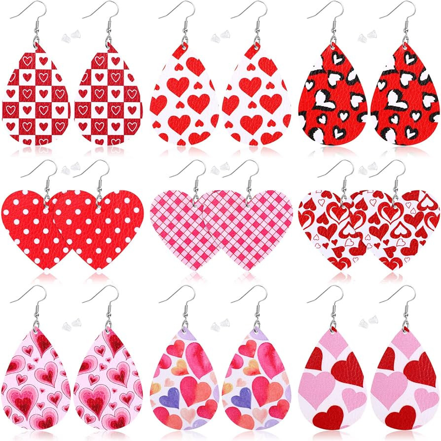 9 Pairs Valentine Leather Earrings for Women Wedding Lightweight Faux Leather Leaf Long Dangle He... | Amazon (US)
