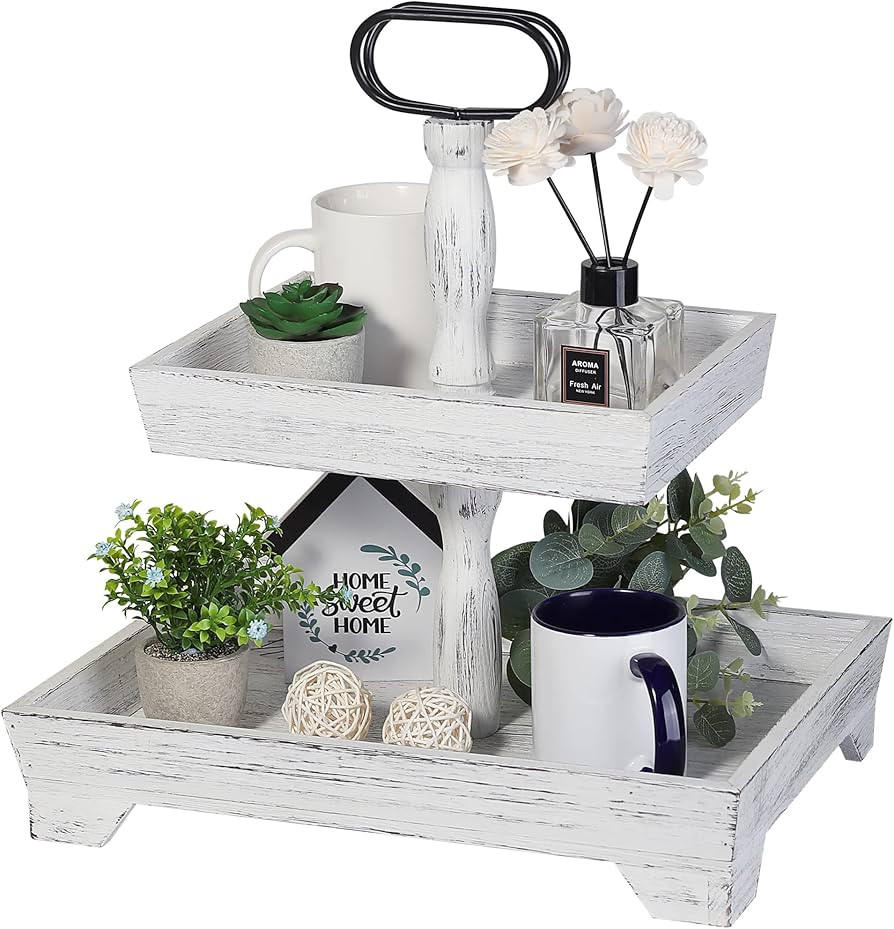 Eufrozy 2-Tier Farmhouse Tiered Tray Stand, Rustic White Wooden Decorative Serving Tray with Meta... | Amazon (US)