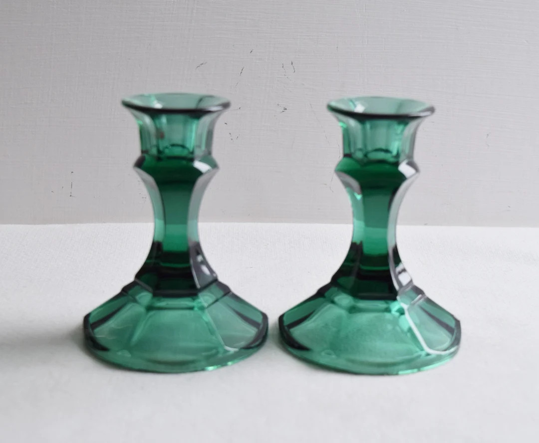 Set of 2 Matching Green Candle Holders/vintage Teal Candle - Etsy | Etsy (US)
