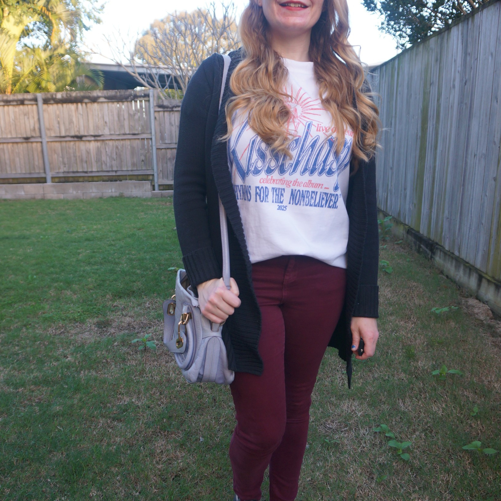 Kisschasy band tee with burgundy jeans, black cardigan and Chloe periwinkle Paraty bag 💙

#LTKaustralia #LTKbag #LTKwinter