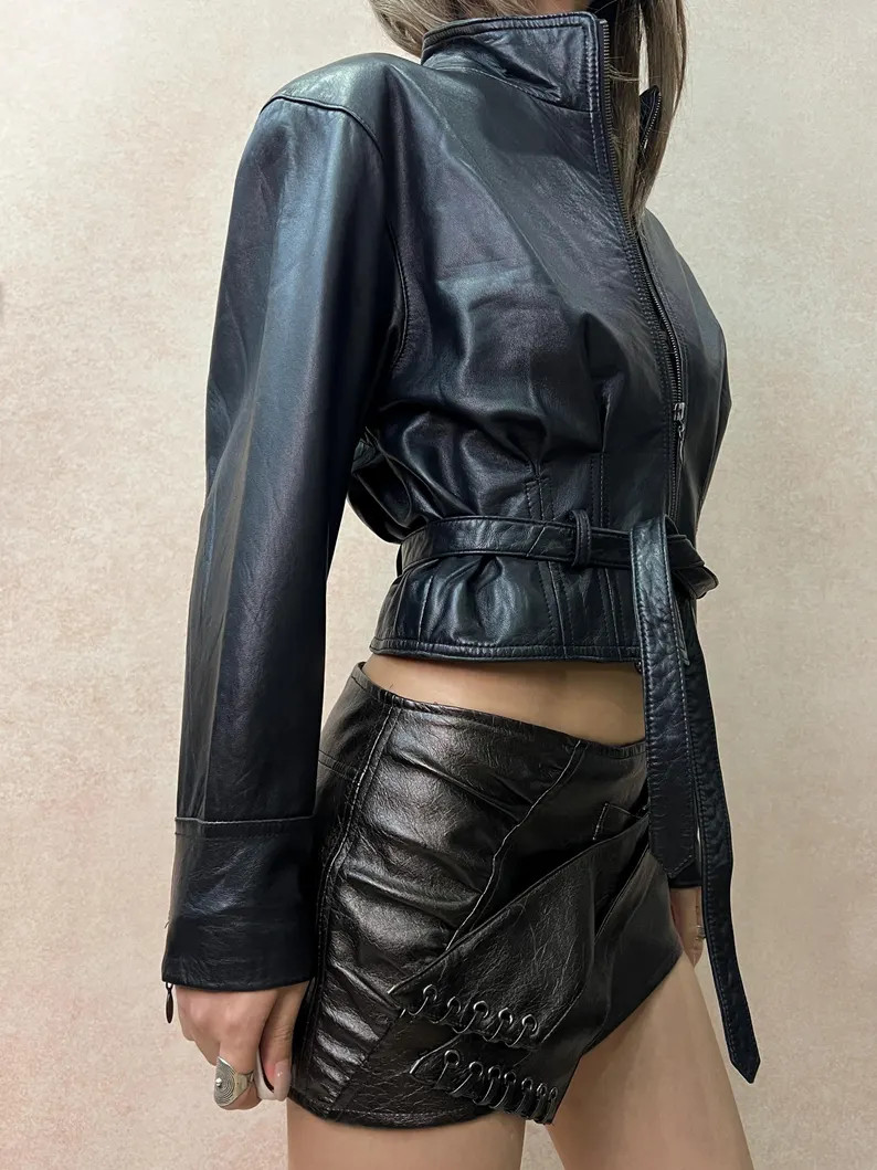 Vintage 90s Oversized Moto Cropped Jacket, Genuine Leather, Waist Tie, Dropped Shoulder | Etsy (Global)