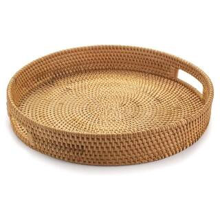 11.8 in. Rattan Round Serving Tray, Hand Woven Serving Basket with Cut Out Handles, Wicker Fruit/Bread Serving Basket | The Home Depot