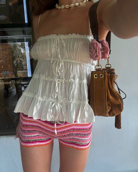 Free people, Ba&sh, Etsy, transitional outfit, transitional style, summer outfit, summer fashion, white camisole, white ruffle top, pink shorts, sweater shorts, crochet shorts, bucket bag, suede bag, hair claw, summer outfit ideas, style inspiration 

#LTKSeasonal #LTKeurope #LTKstyletip
