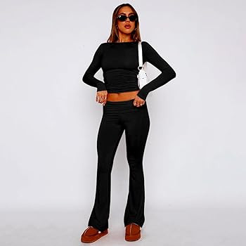 kaimimei Women's 2 Piece Lounge Outfits Slim Long Sleeve Tops High Waist Foldover Flare Leggings ... | Amazon (US)