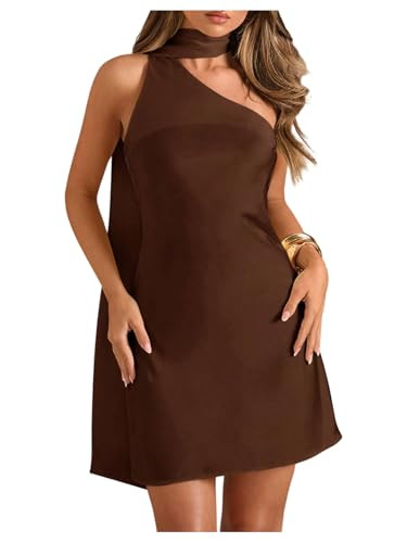 Milumia Women's Halter Neck Satin Mini Dress Draped Backless A Line Short Party Dresses with Scarf Brown Small | Amazon (US)