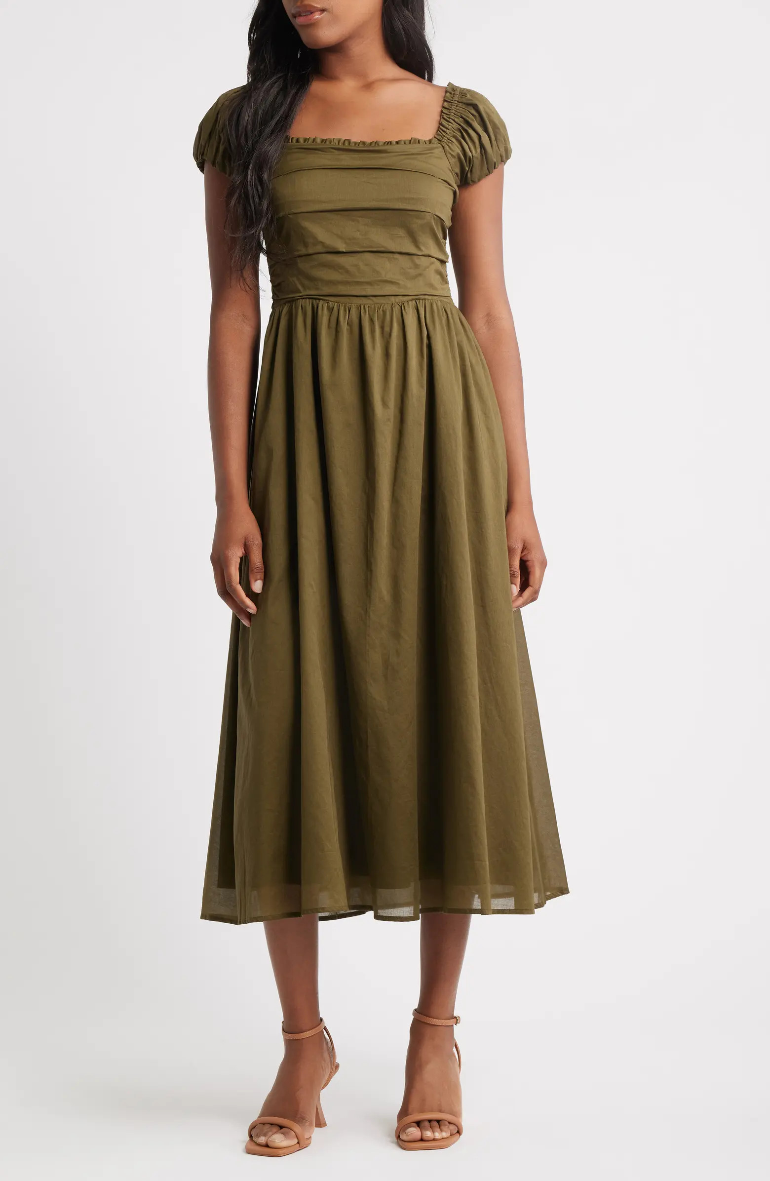 Charles Henry Gathered Bodice Cotton Midi Dress | Nordstrom | Nordstrom