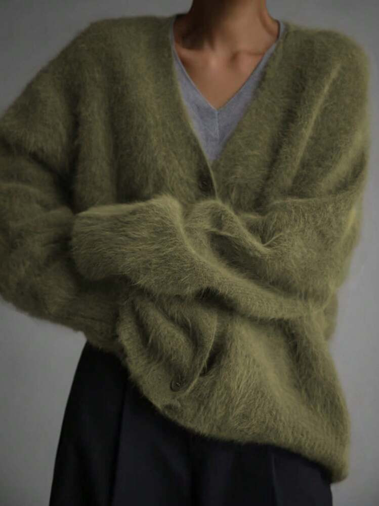 Women's Solid Color Drop Shoulder Long Sleeve Single-Breasted Casual Cardigan, Elegant Faux Fur S... | SHEIN