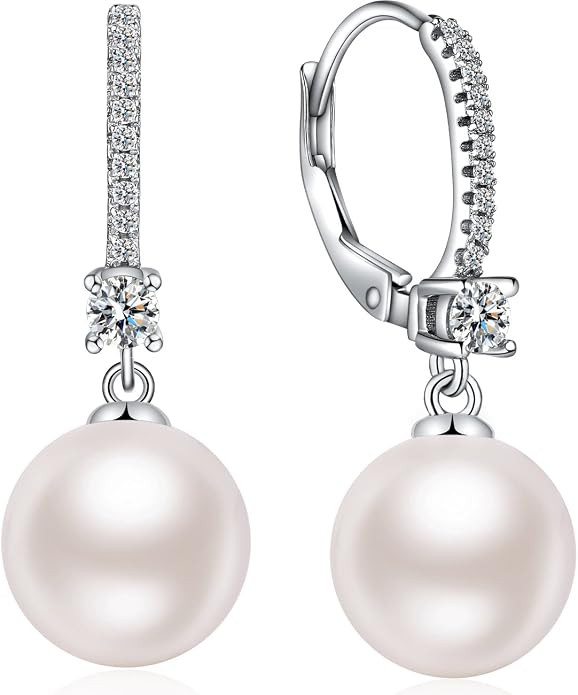 18k White Gold Plated Pearl and Diamond Earrings 925 Sterling Silver Pearl Earrings Fine Jewelry ... | Amazon (US)