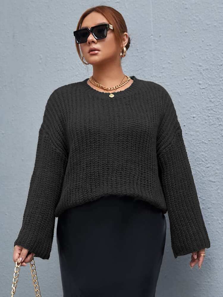 Plus Drop Shoulder Ribbed Knit Sweater | SHEIN