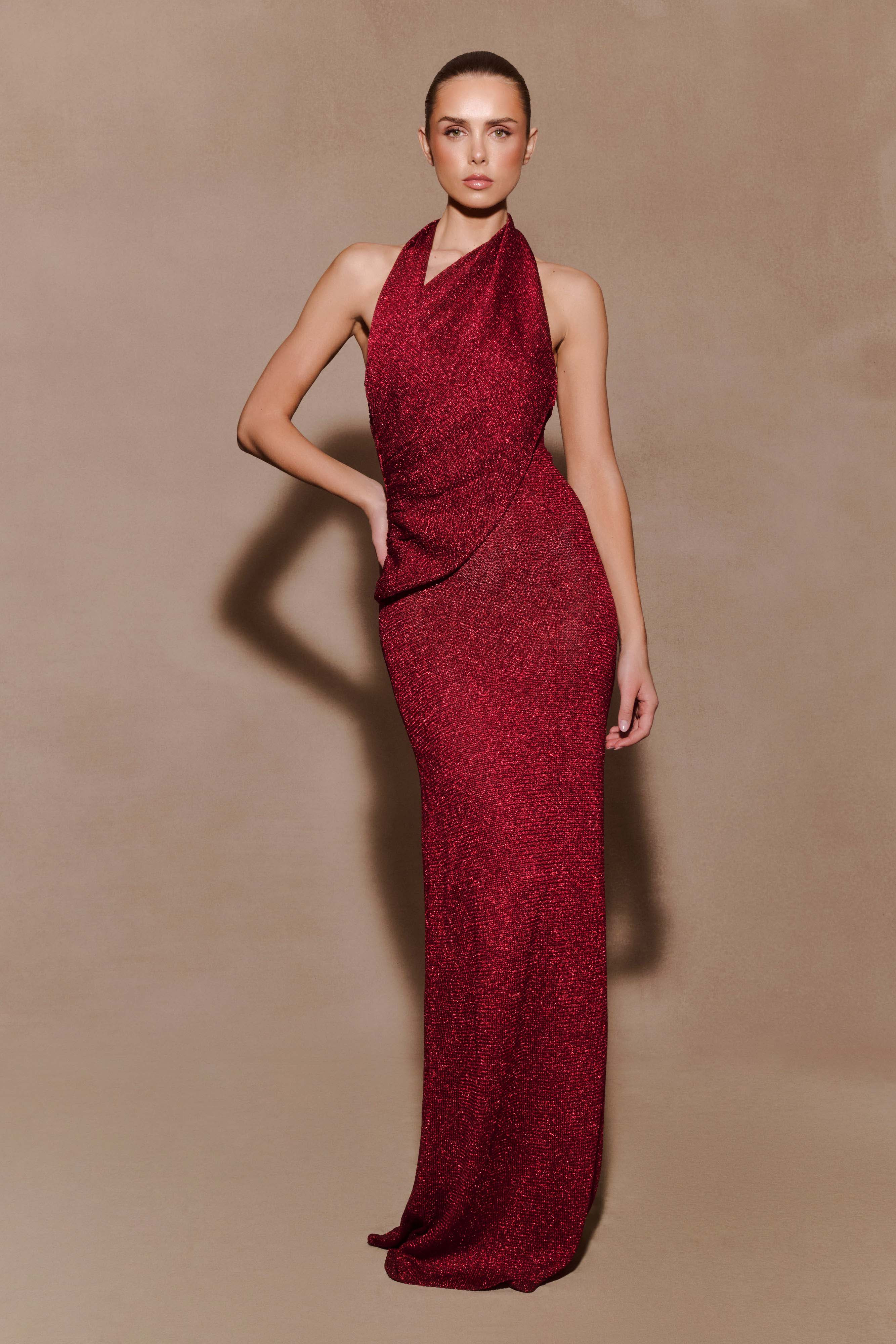Elma Lurex Knit Halter Maxi Dress - Deep Red | MESHKI US