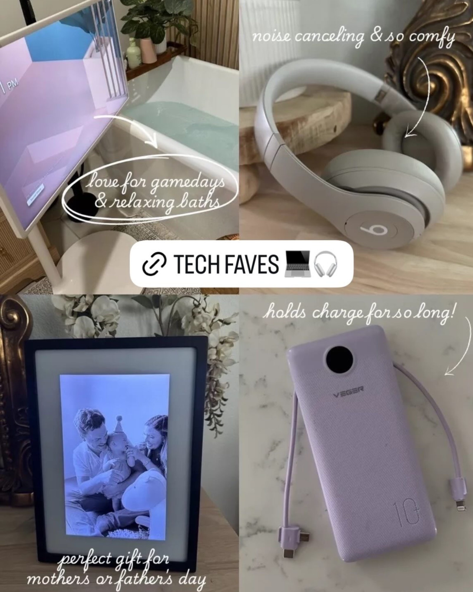 My go-to tech items. I always need a portable charger in my purse. Love the standing TV, digital picture frame, and beats noise canceling headphones as gifts

#LTKHome #LTKSaleAlert