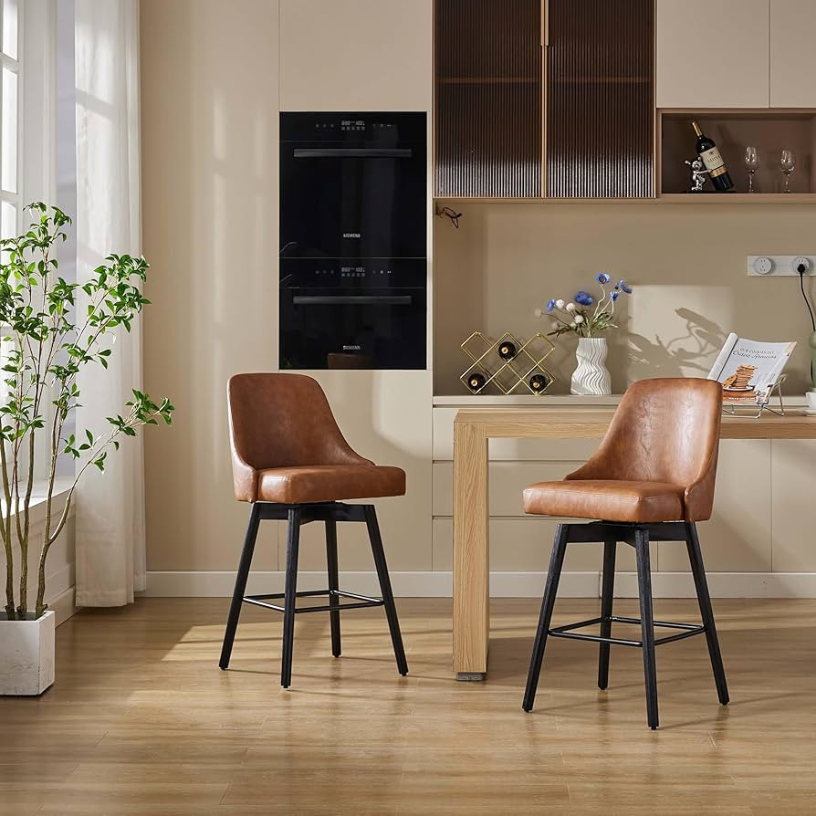 26" Counter Height Swivel Barstool Set of 2, Upholstered Leather Bar Stool with Back & Wood Leg, ... | Amazon (US)