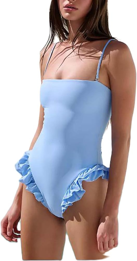 Mxiqqpltky One Piece Womens Swimsuits Y2k Ruffle Bathing Suit Spaghetti Strap Square Neck Tummy C... | Amazon (US)
