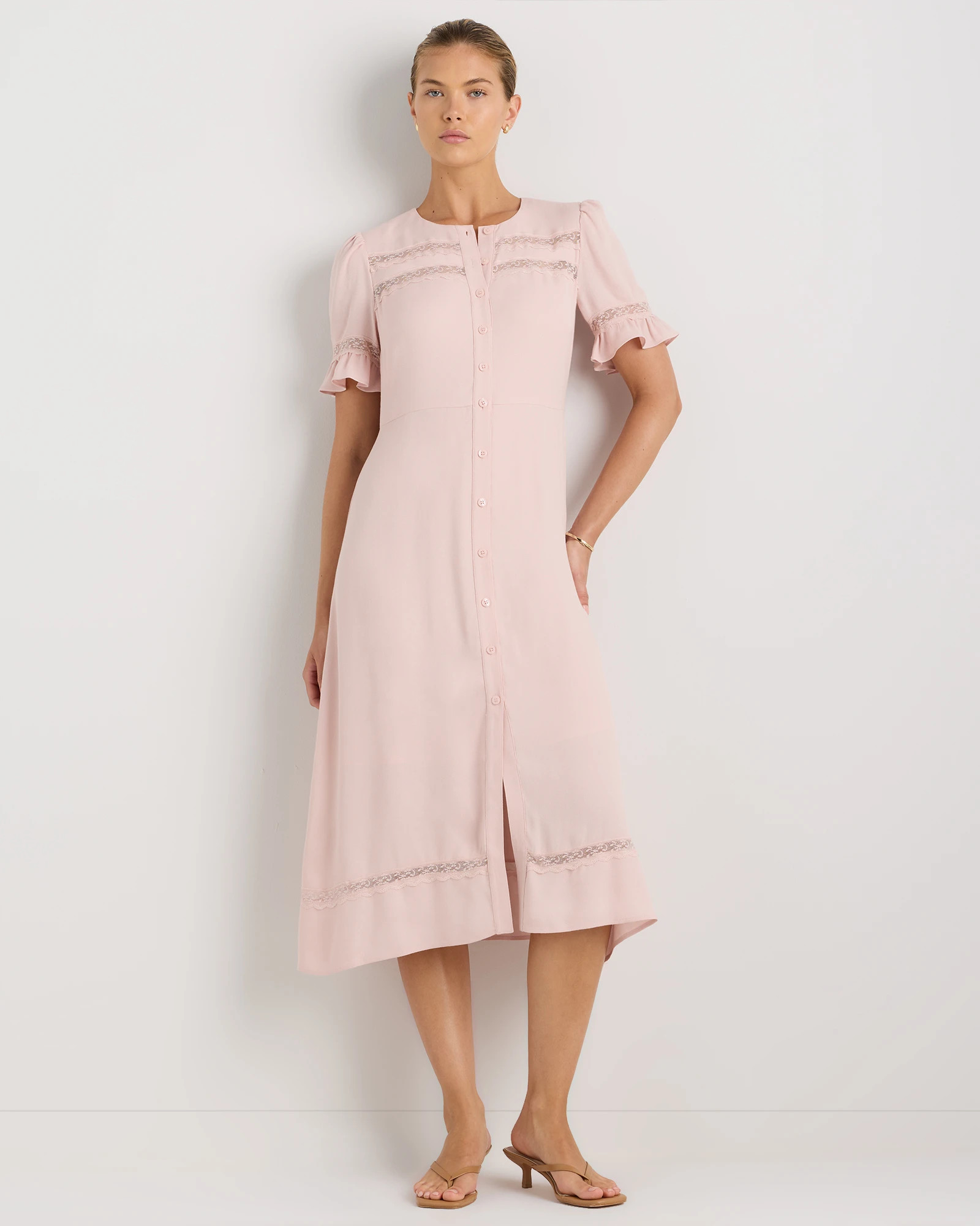 Lightweight Crepe Lace Inset Midi Dress in Moonstone Blue | Quince