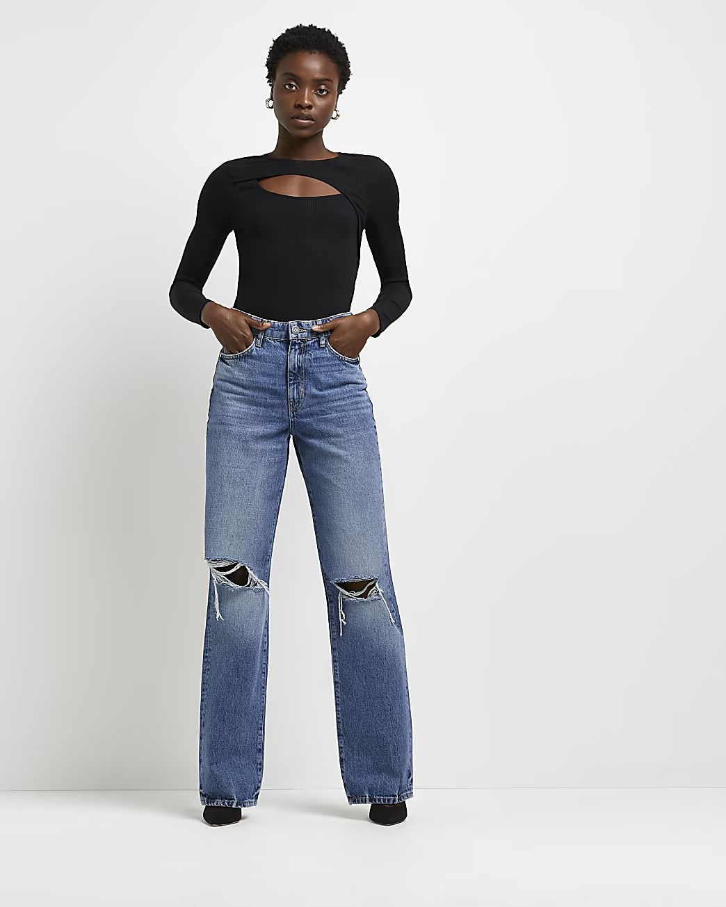 River Island Womens Blue ripped high waisted wide leg jeans | River Island (US)