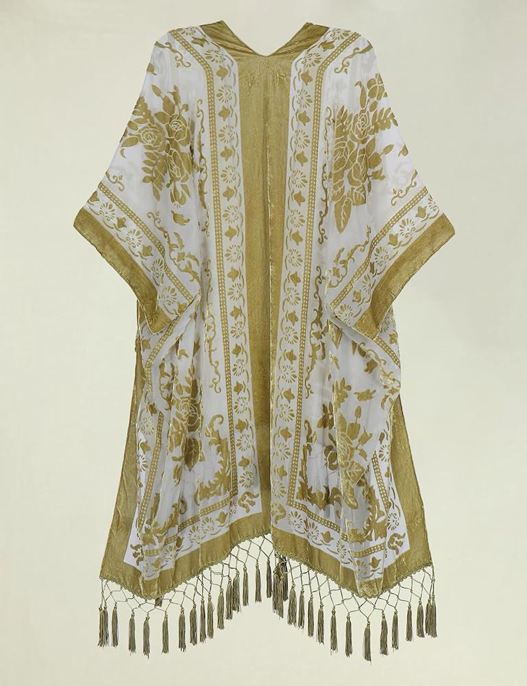 Women's Burnout Velvet Kimono Long Cardigan Cover Up With Tassel | Amazon (US)