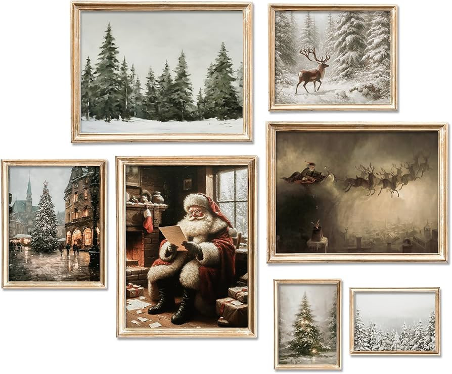 JarThenaAMCS 9Pcs Christmas Wall Art Prints Vintage Santa Xmas Tree Reindeer Art Poster Rustic Wi... | Amazon (US)