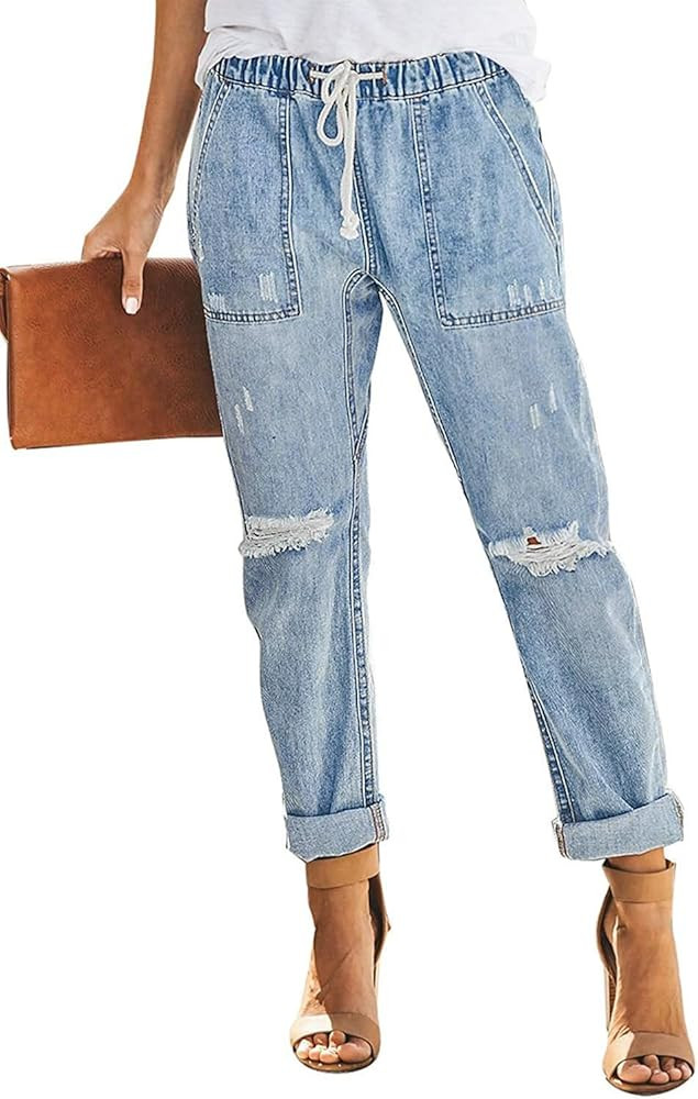 Sidefeel Womens Drawstring Jeans Pull On Cargo Joggers Zimbaplatinum Ripped Elastic Waist Denim P... | Amazon (US)