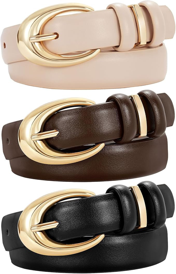 TRIWORKS 3 Pack Women Leather Belt for Jeans Pants Fashion Ladies Faux Leather Belt with Gold Buc... | Amazon (US)