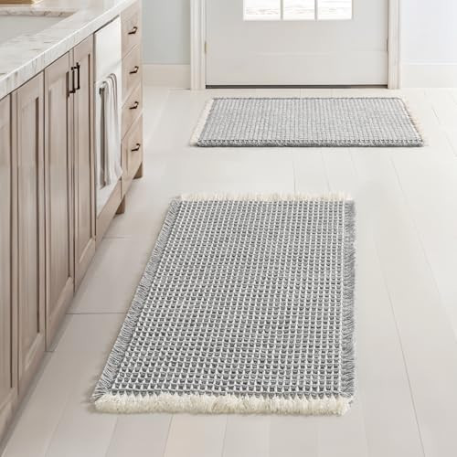 MIULEE Set of 2 Waffle Bathroom Rugs, Boho Bath Rugs Non Slip Washable, Super Absorbent Bath Mats, Ultra Soft Rubber Backed Shower Mats for Bathroom Floor, Tub, LightGrey & Cream, 17x24 Inch | Amazon (US)