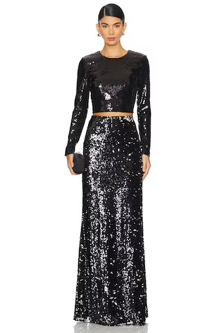 Rogan Crop Sequin Long Sleeve Top in Black Sequin Skirt Outfit Sequin Maxi Skirt Outfit | Revolve Clothing (Global)