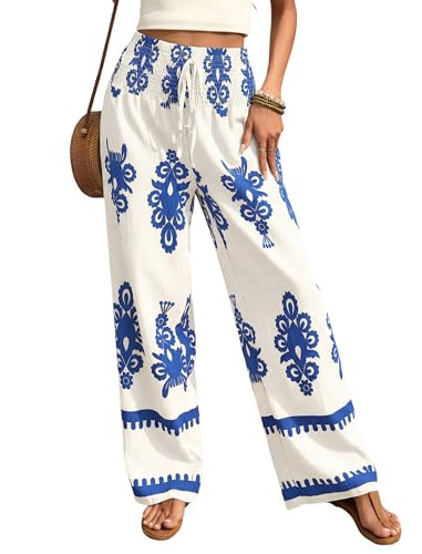 ZAFUL Boho Pants for Women Floral High Waisted Wide Leg Palazzo Pants Summer Trendy Casual Lounge Pants Women Vacation White&Blue M | Amazon (US)