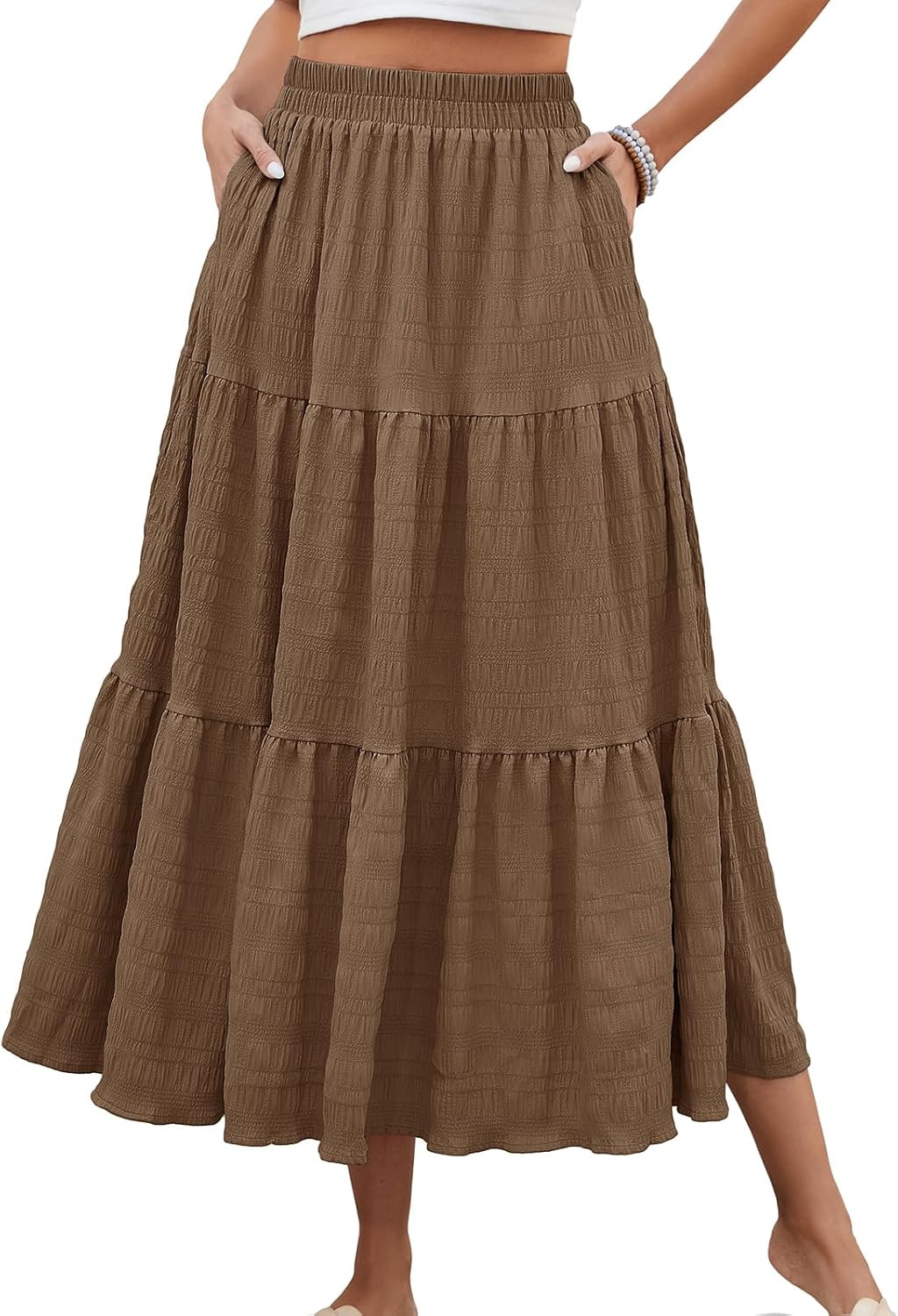 HUSKARY Women's Summer Casual Elegant Smock Layered Tiered Maxi Skirt High Waisted A Line Flowy Long Skirts with Pockets | Amazon (US)
