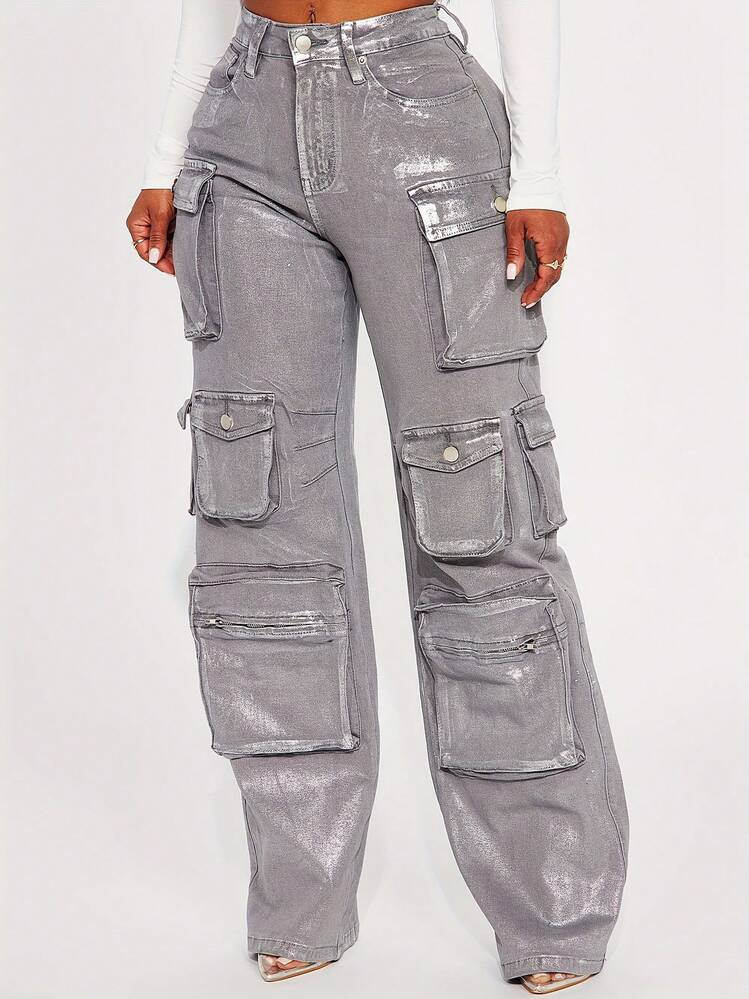 GLOURI Y2K Metallic Silver Cargo Jeans - High Waist Baggy Straight Leg Pants W/ Stretch With Multi-Pockets | Streetwear Festival Pants For Night Out And Weekend Vibes | SHEIN