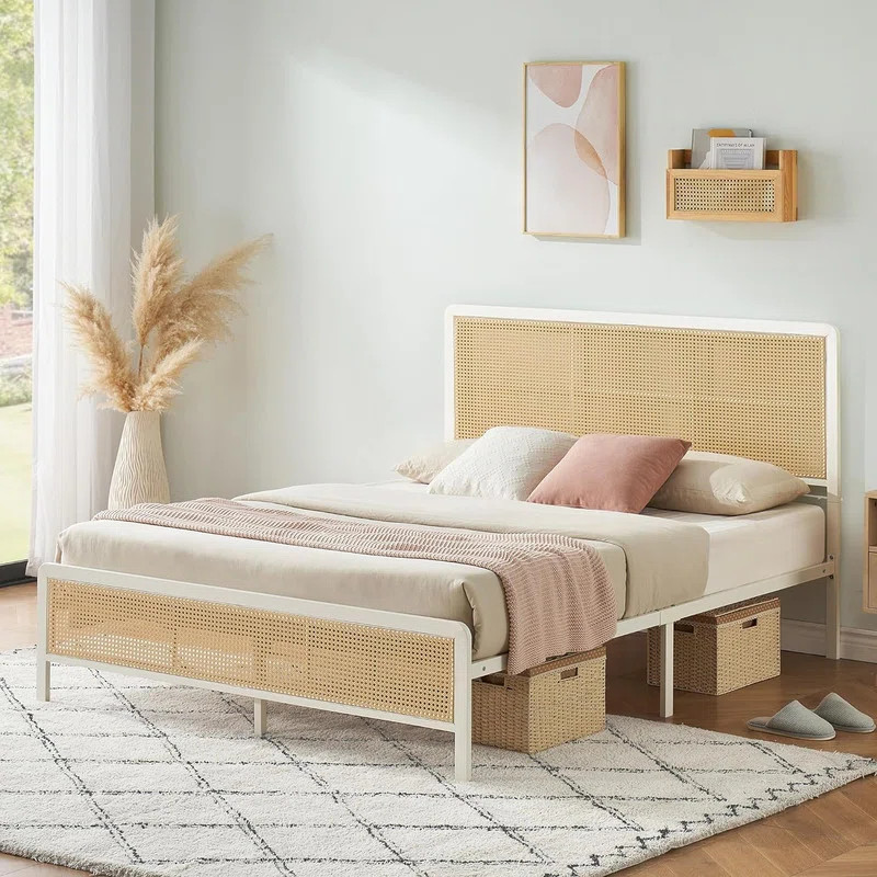 Bundeena Rattan Platform Bed Frame with Led Light Headboard with Sturdy Steel Slat Support, No Bo... | Wayfair North America