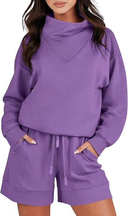 Caracilia Women 2 Piece Outfits Loose Sweatsuits Fashion Cowl Neck Sweatshirts & Shorts Set Loung... | Amazon (US)