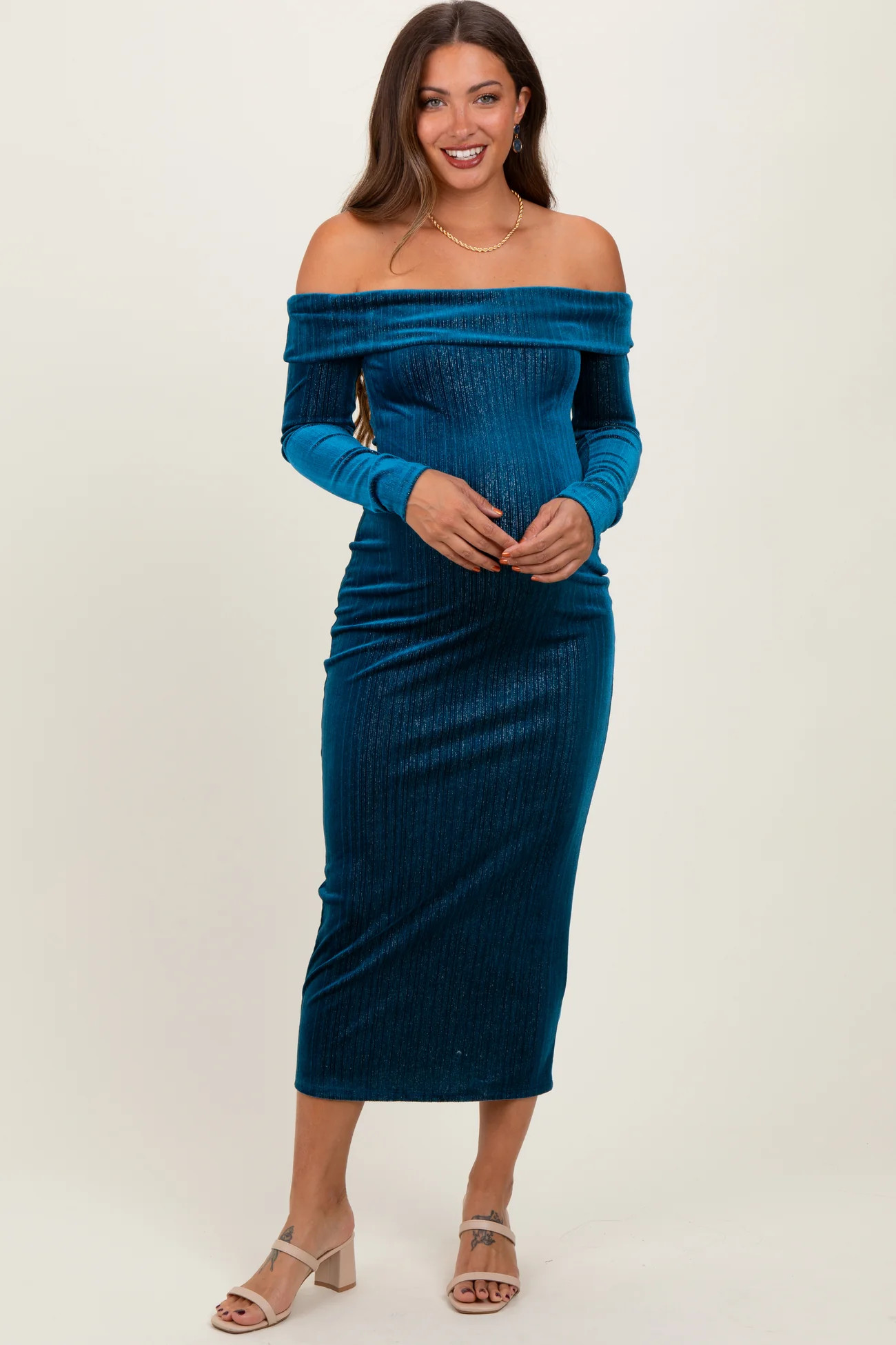 Teal Shiny Velour Off Shoulder Maternity Midi Dress | PinkBlush Maternity