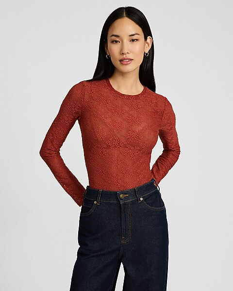 Lace Crew Neck Long Sleeve Bodysuit | Express