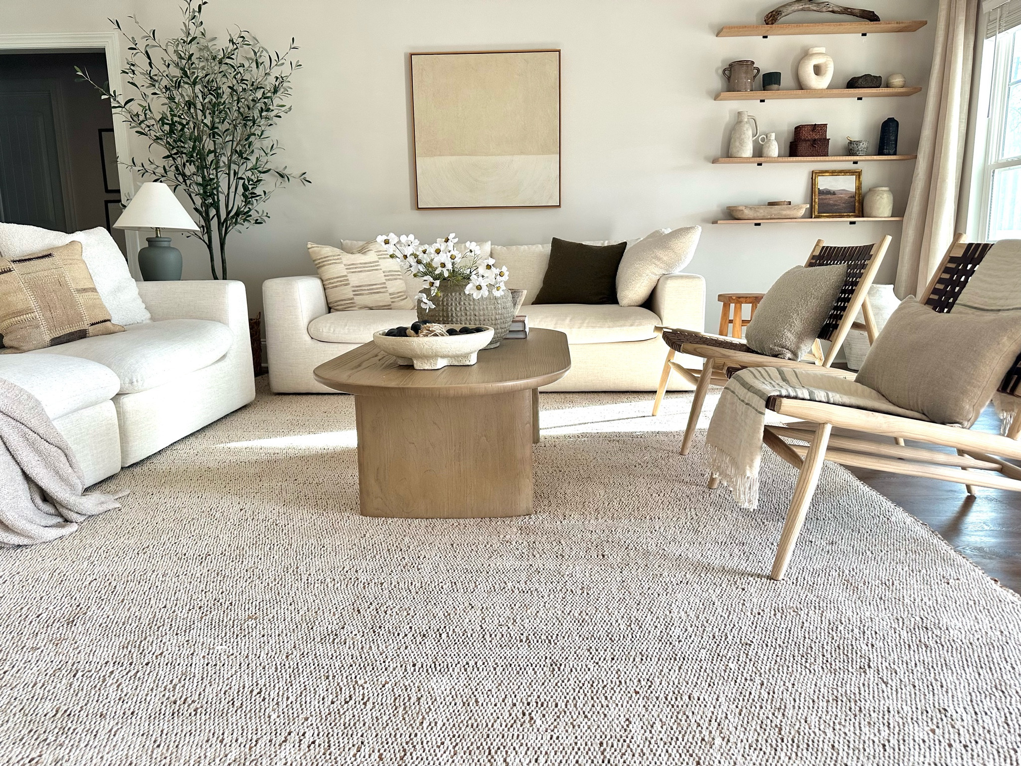 Living room
Jute rug 
Accent chairs
Wall art
Shelf decor 

#LTKhome