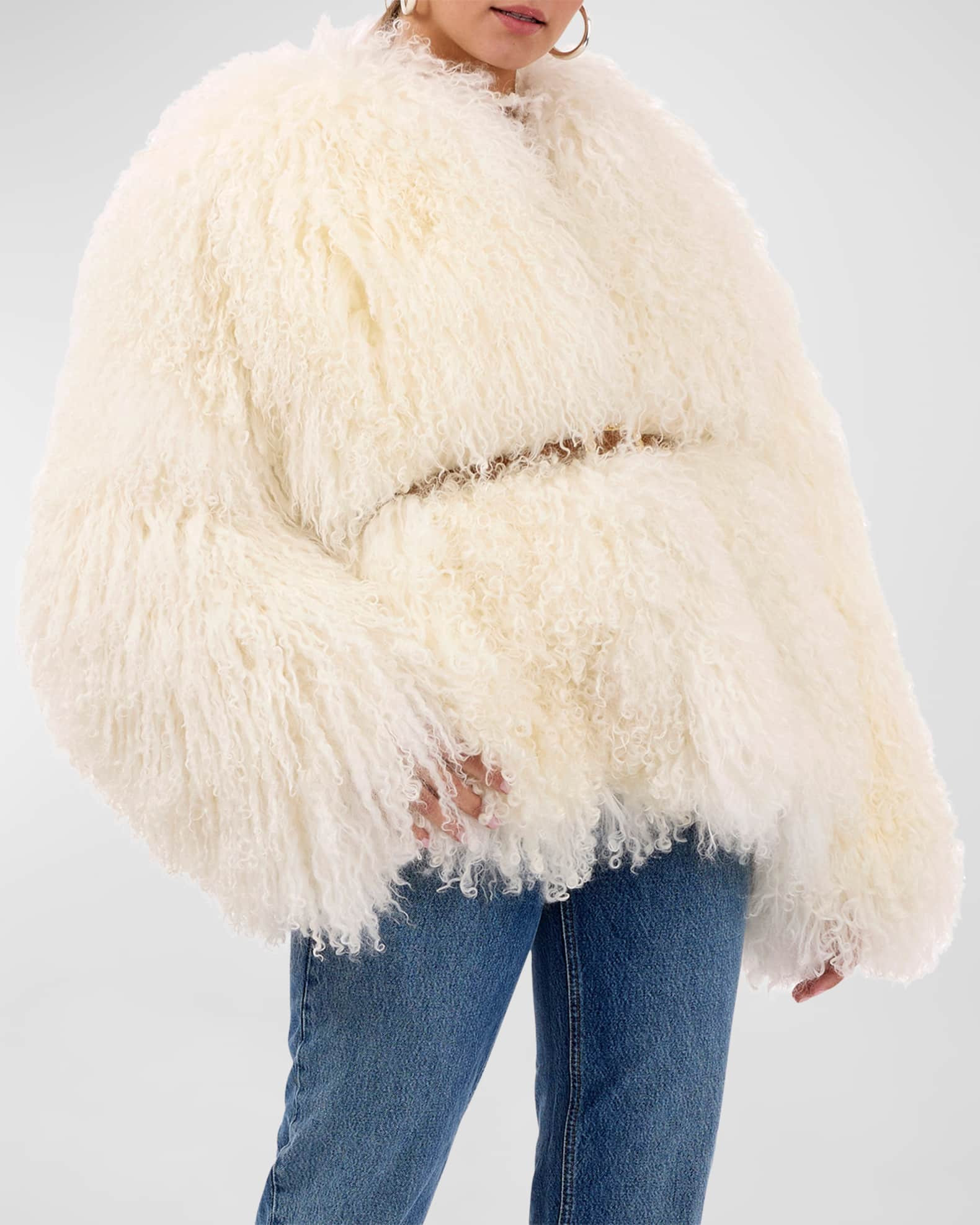 Belted Mongolian Lamb Shearling Jacket | Neiman Marcus
