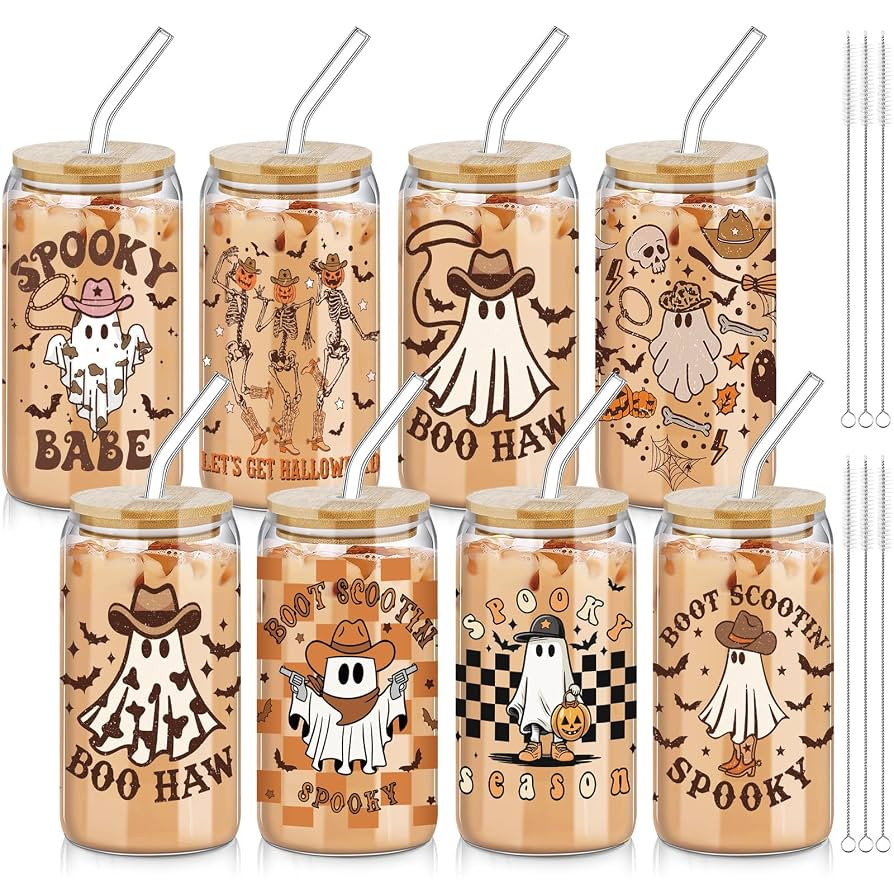 8 Pcs Halloween Drinking Party Glasses 16 oz Ghost Flower Glass Cup with Lid and Straw Spooky Can... | Amazon (US)
