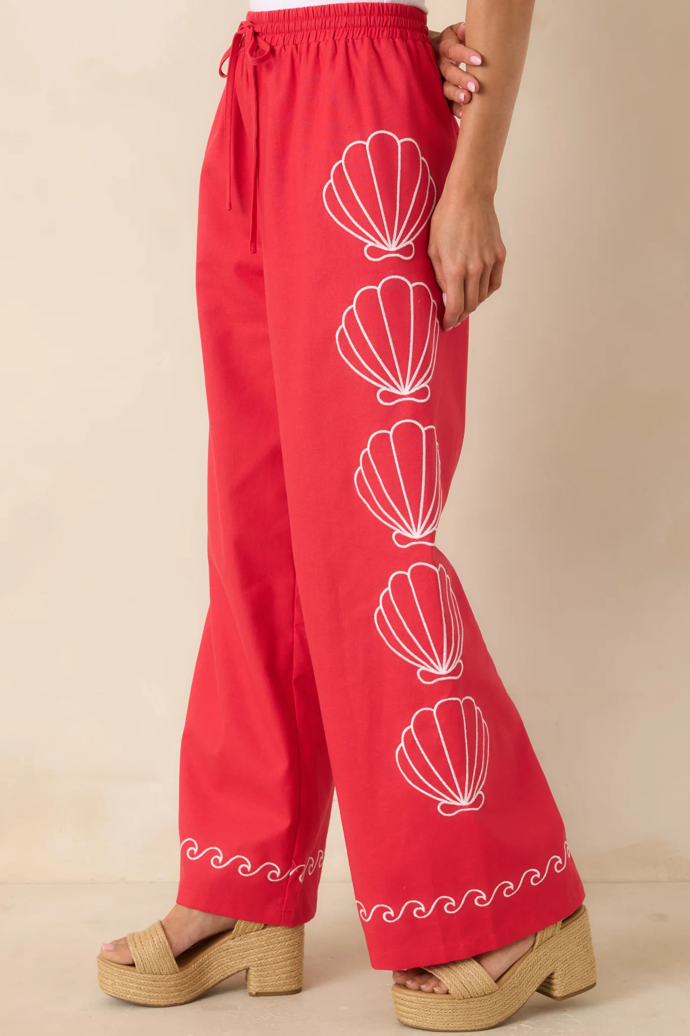 Sea You Soon Red Cotton Blend Shell Embroidered Wide Leg Pants | Red Dress